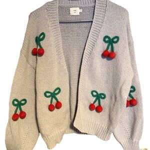 Lime Knit Cherry-Appliqué Open Cardigan
